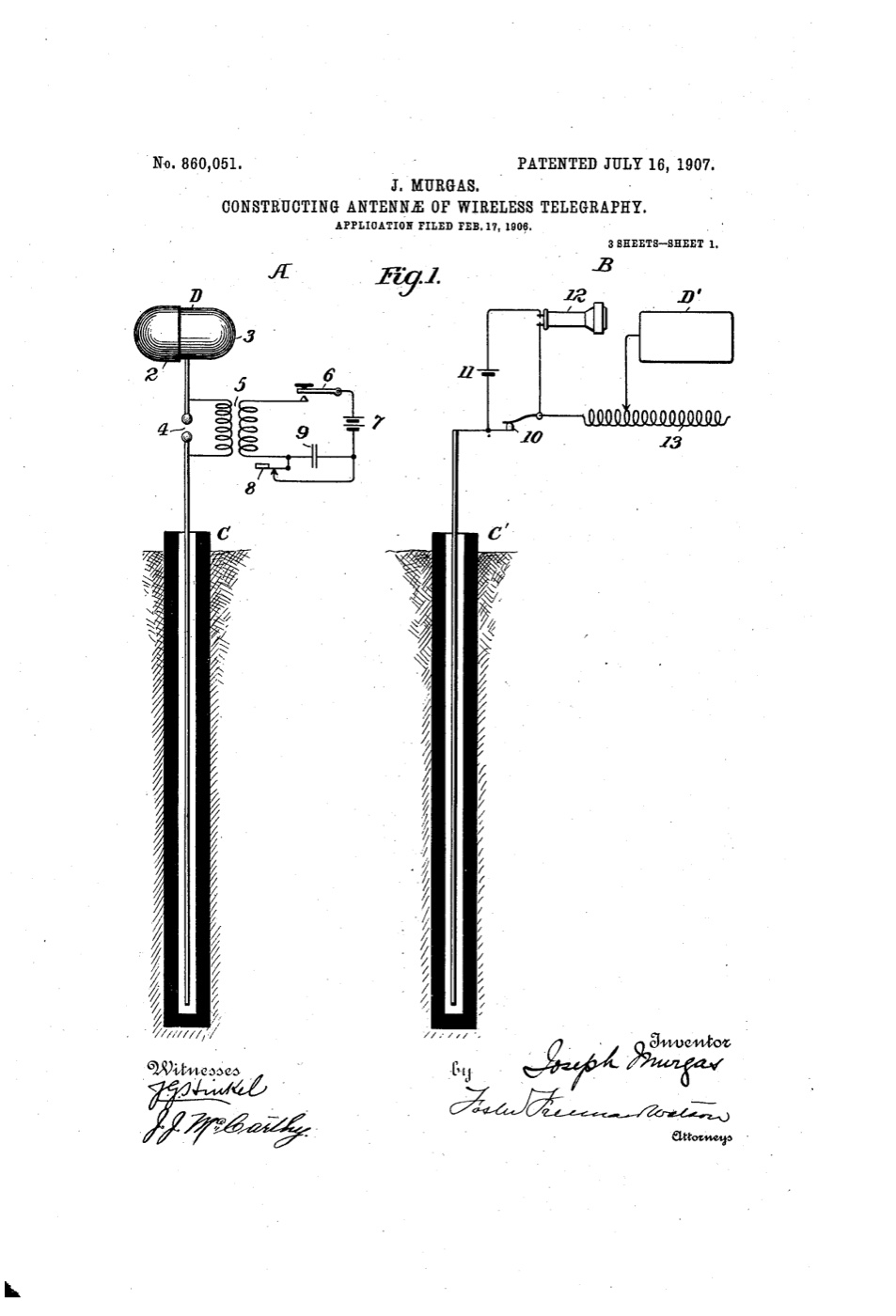 Sheet 1 of Jozef Murgaš's 1907 US patent 860,051, Constructing Antennae of Wireless Telegraphy, showing two long insulated rods sunk vertically into hatched earth, wired to transmitting and receiving circuits above ground.